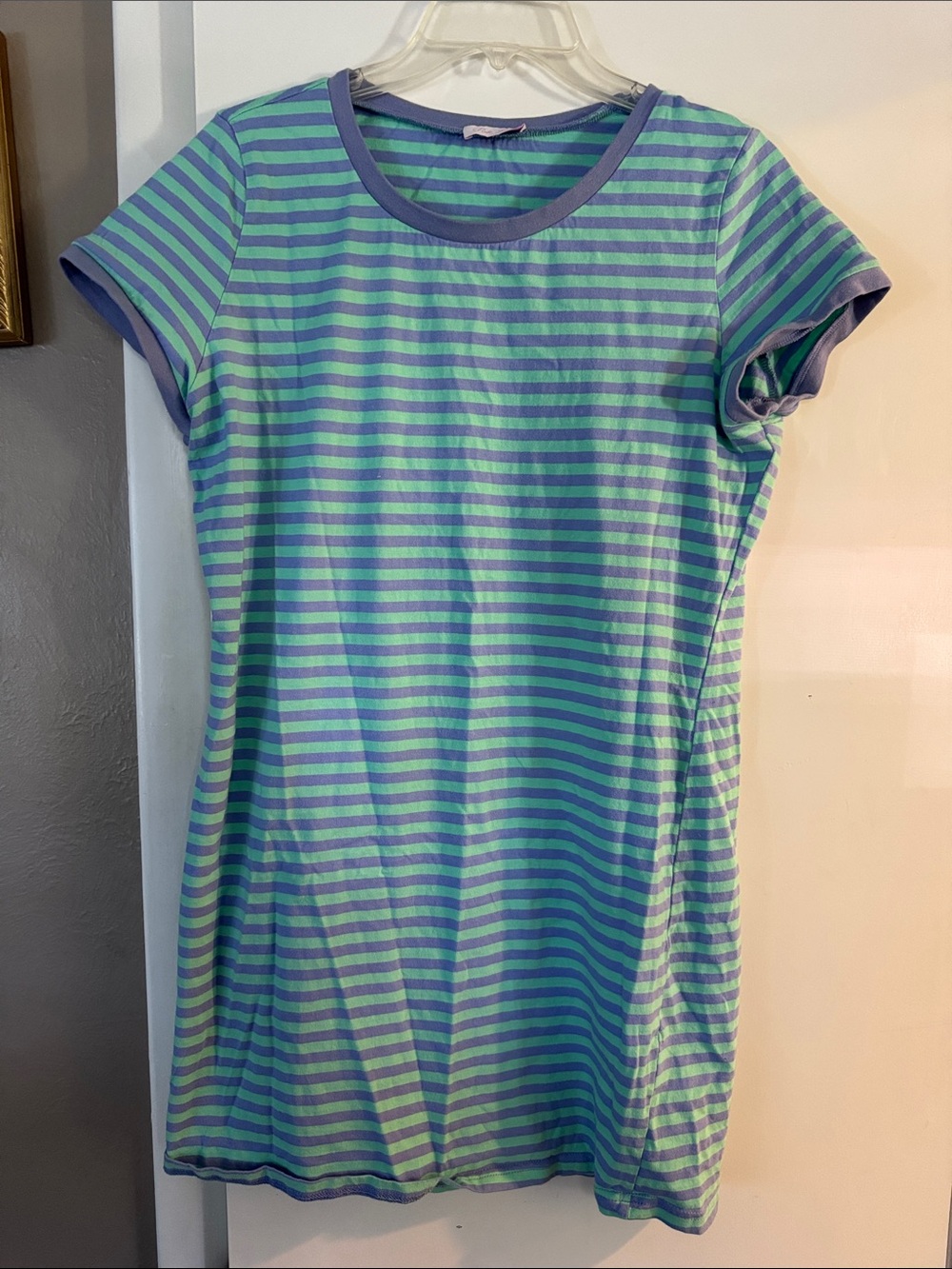 Pink Lily Blue & Green Striped Short Sleeve Tee L